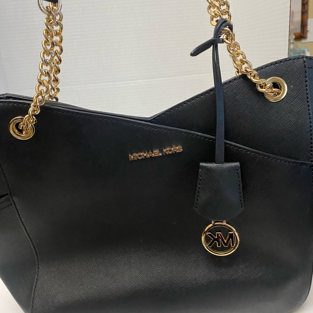 Michael Kors Black and Gold Accents Jet Set Lg X Shoulder Bag